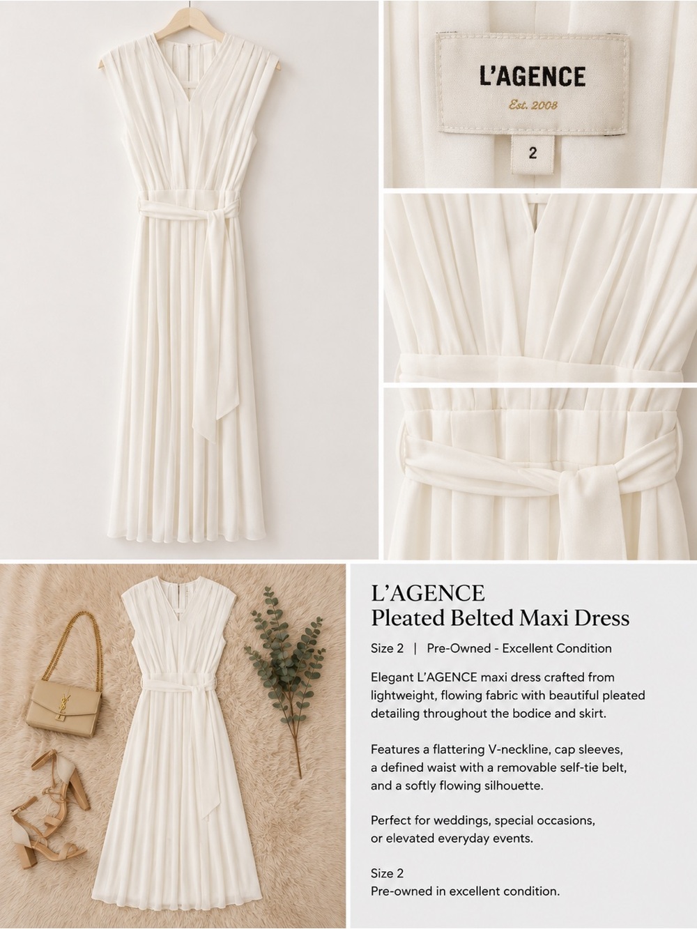 L'AGENCE Ivory Pleated Belted Maxi Dress